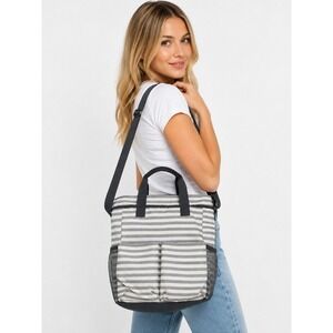 Thirty-One Crossbody Organizing Tote Bag Gray White Striped Multi-Pocket Zip Top